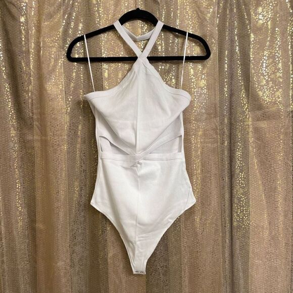 Abercrombie & Fitch white ribbed soft cutout halter neck bodysuit, XL NWT - Picture 1 of 5